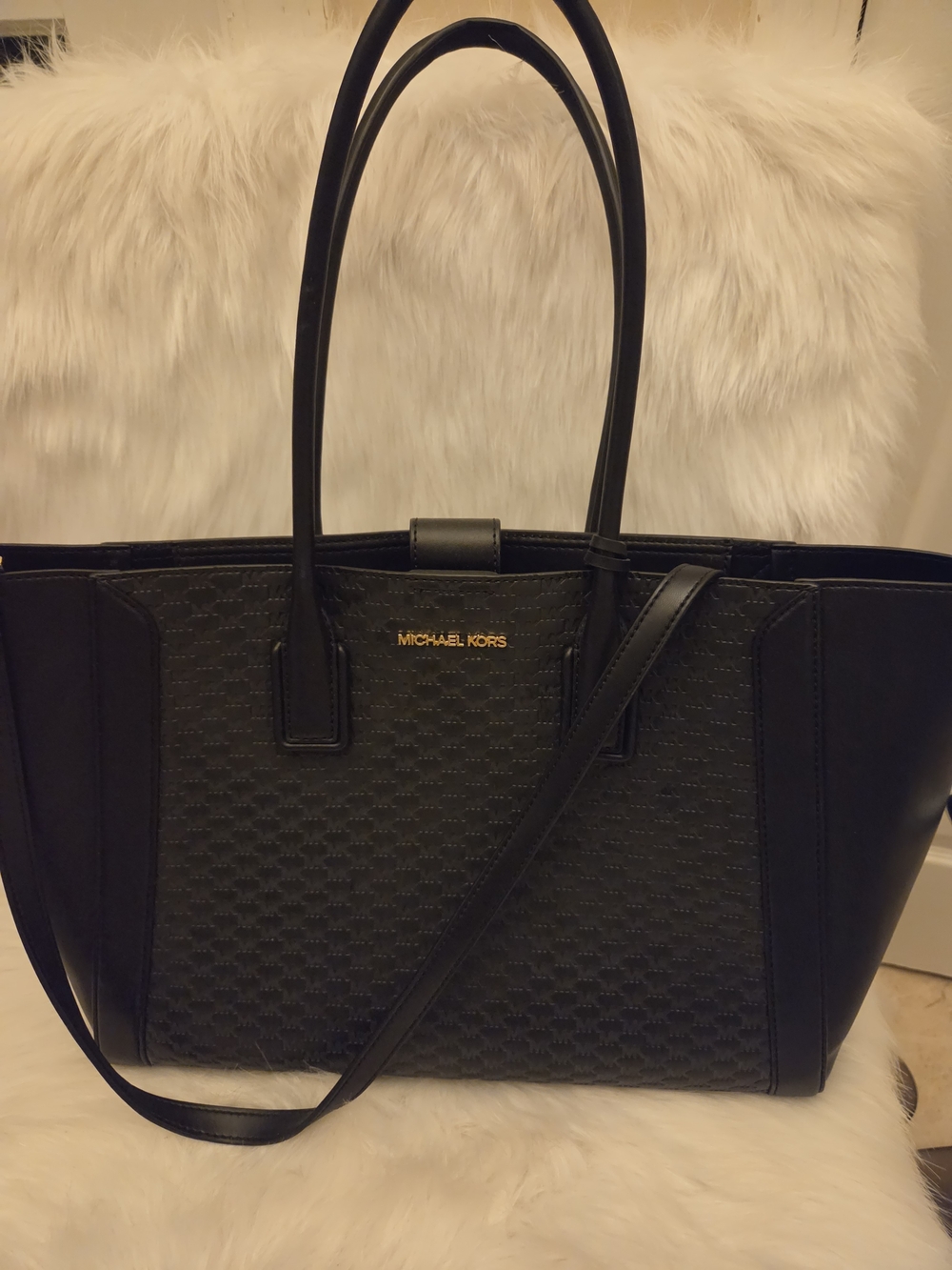 Michael Kors Black Textured Carryall Tote with Gold Logo